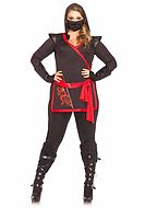 Kvinnlig ninja (aka kunoichi), maskeraddräkt med topp och byxor, huva och midjeband, drake, plus size